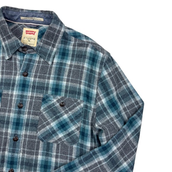 Levis Men's Green Plaid Wool Blend Double Pocket Button Down Long Sleeve Size M - Picture 5 of 14